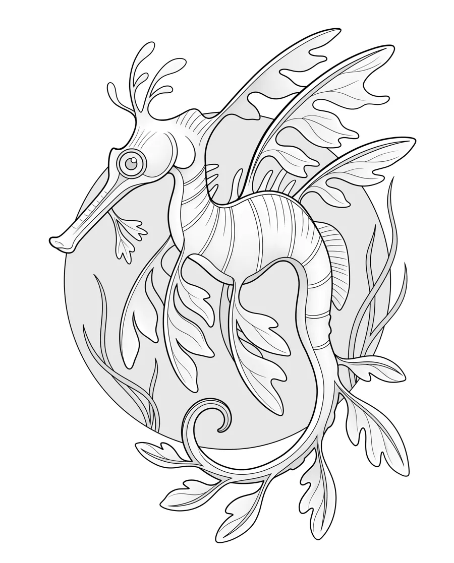Leafy sea dragon as printed in the book: a line drawing with a light gray shading guide