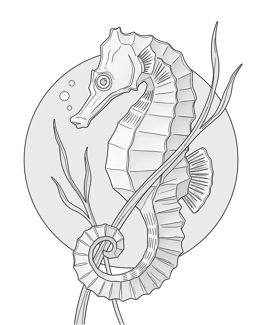 Seahorse as printed in the book: a line drawing with a light gray shading guide