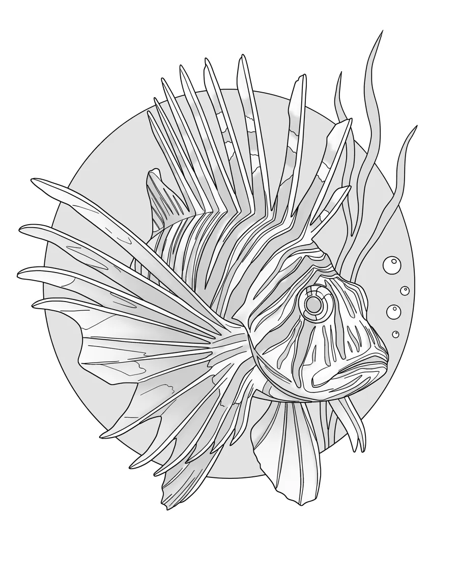 Lionfish as printed in the book: a line drawing with a light gray shading guide