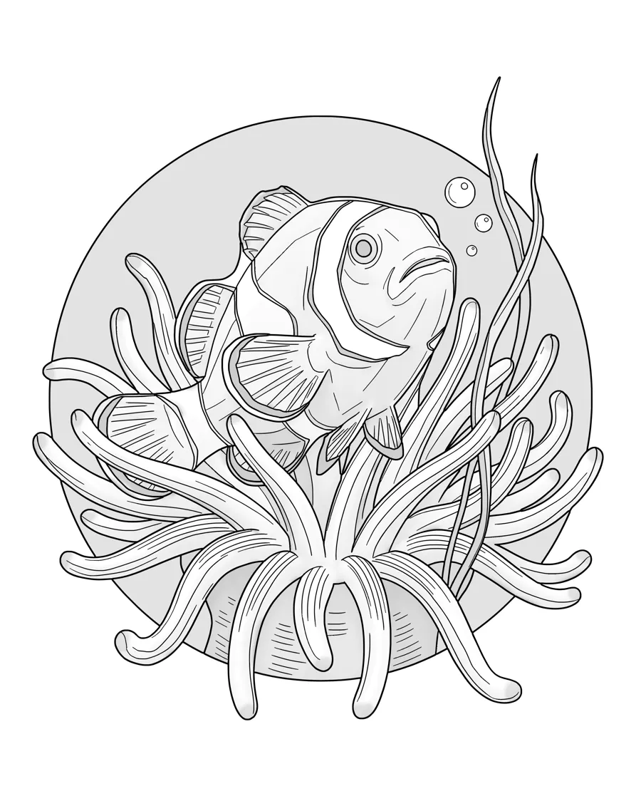 Clownfish and anemone as printed in the book: a line drawing with a light gray shading guide