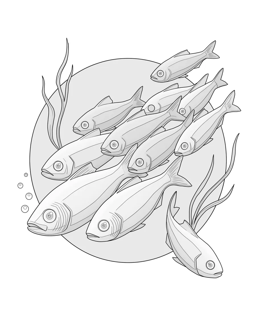 Fish shoal as printed in the book: a line drawing with a light gray shading guide