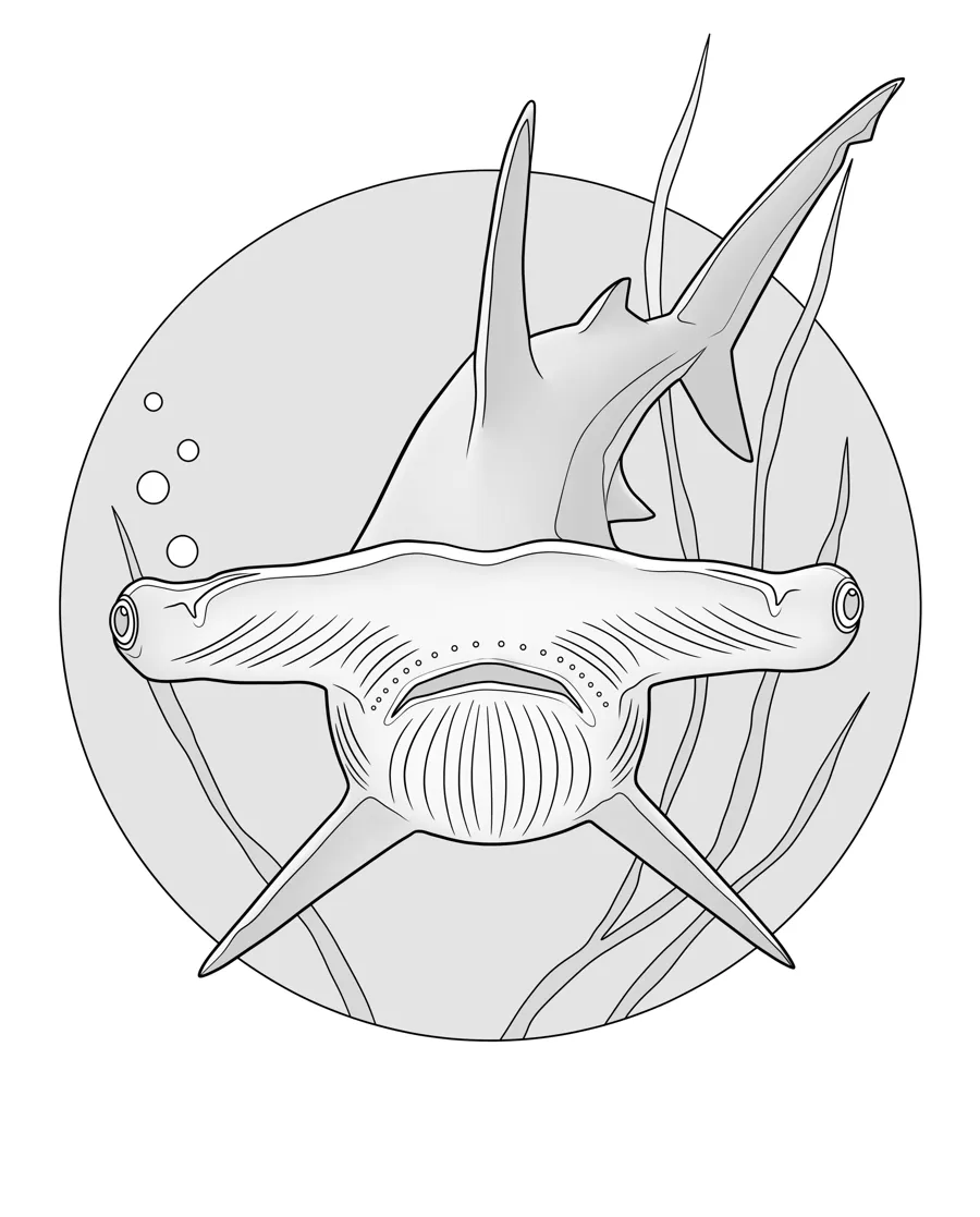 Hammerhead shark as printed in the book: a line drawing with a light gray shading guide