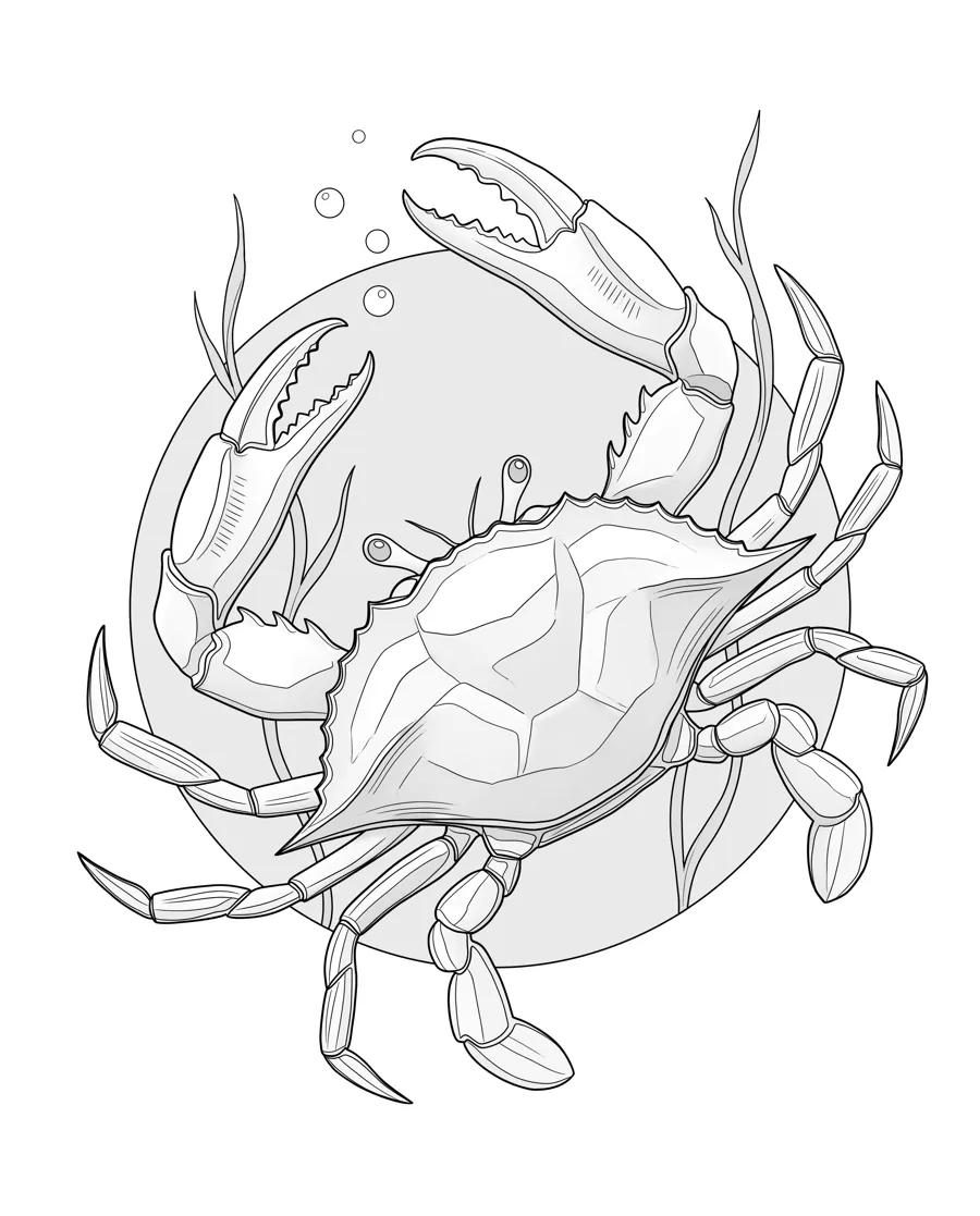 Blue crab as printed in the book: a line drawing with a light gray shading guide