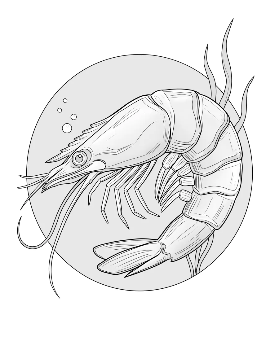 Prawn as printed in the book: a line drawing with a light gray shading guide