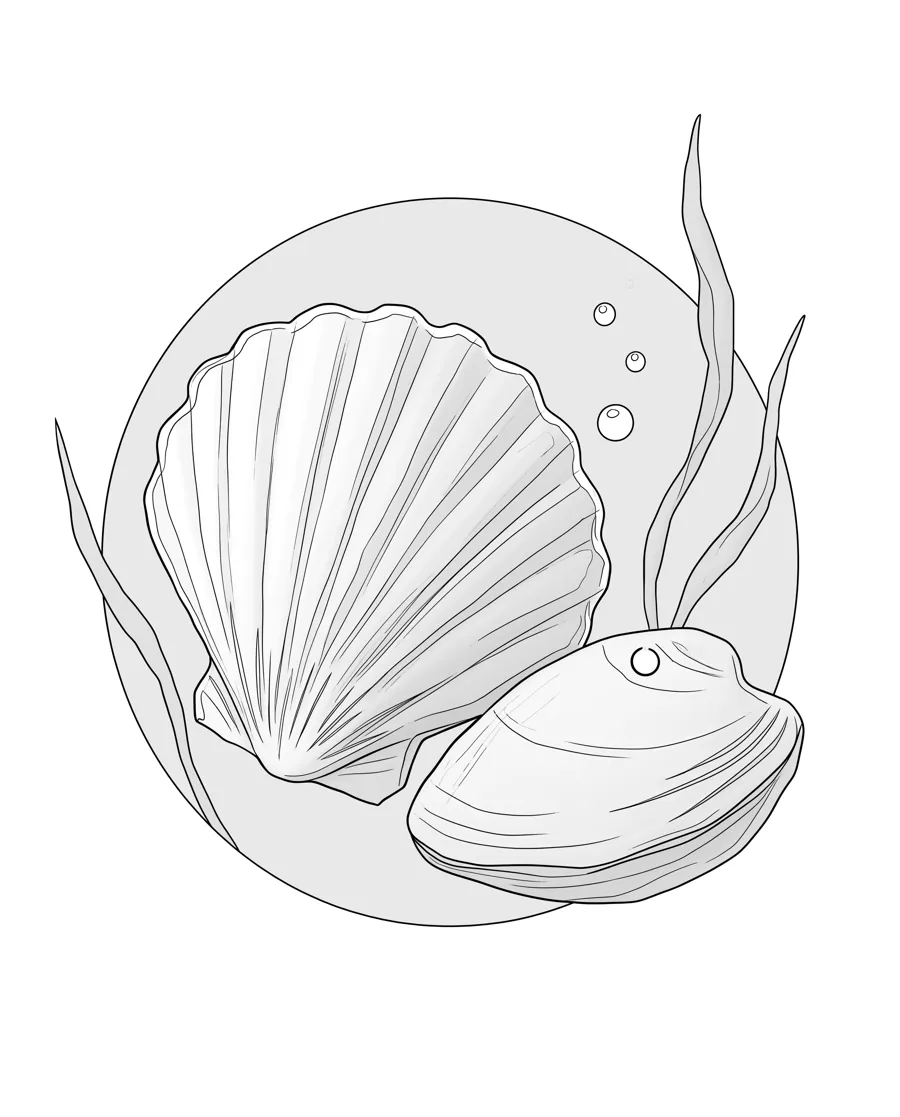 Scallop and clam as printed in the book: a line drawing with a light gray shading guide