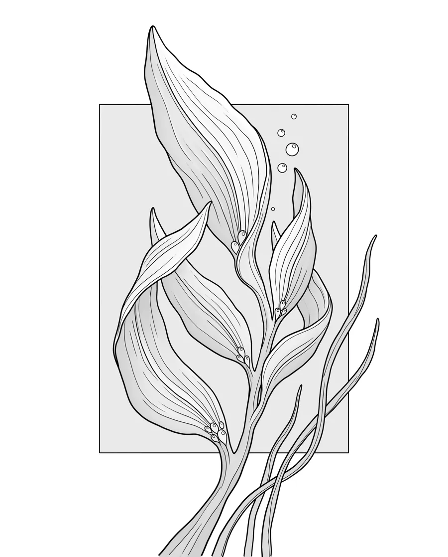 Kelp frond as printed in the book: a line drawing with a light gray shading guide