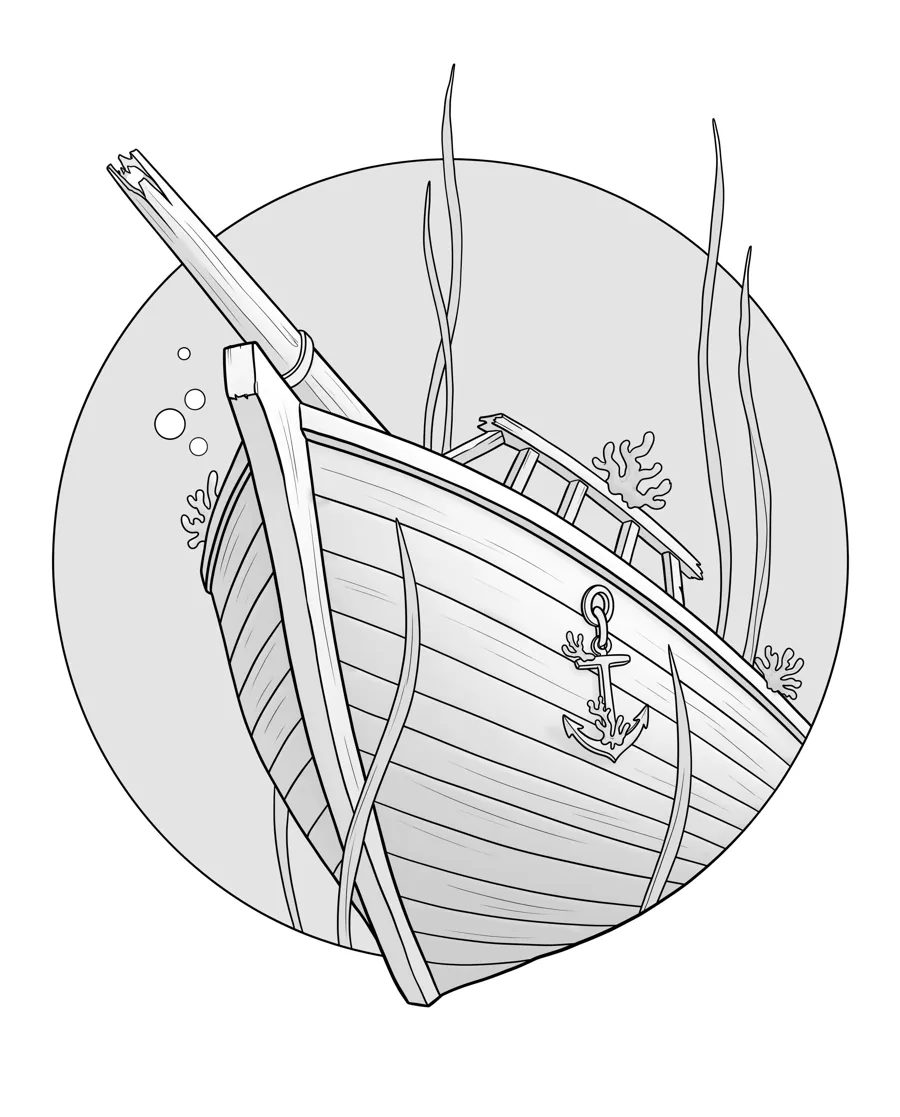 Shipwreck bow as printed in the book: a line drawing with a light gray shading guide