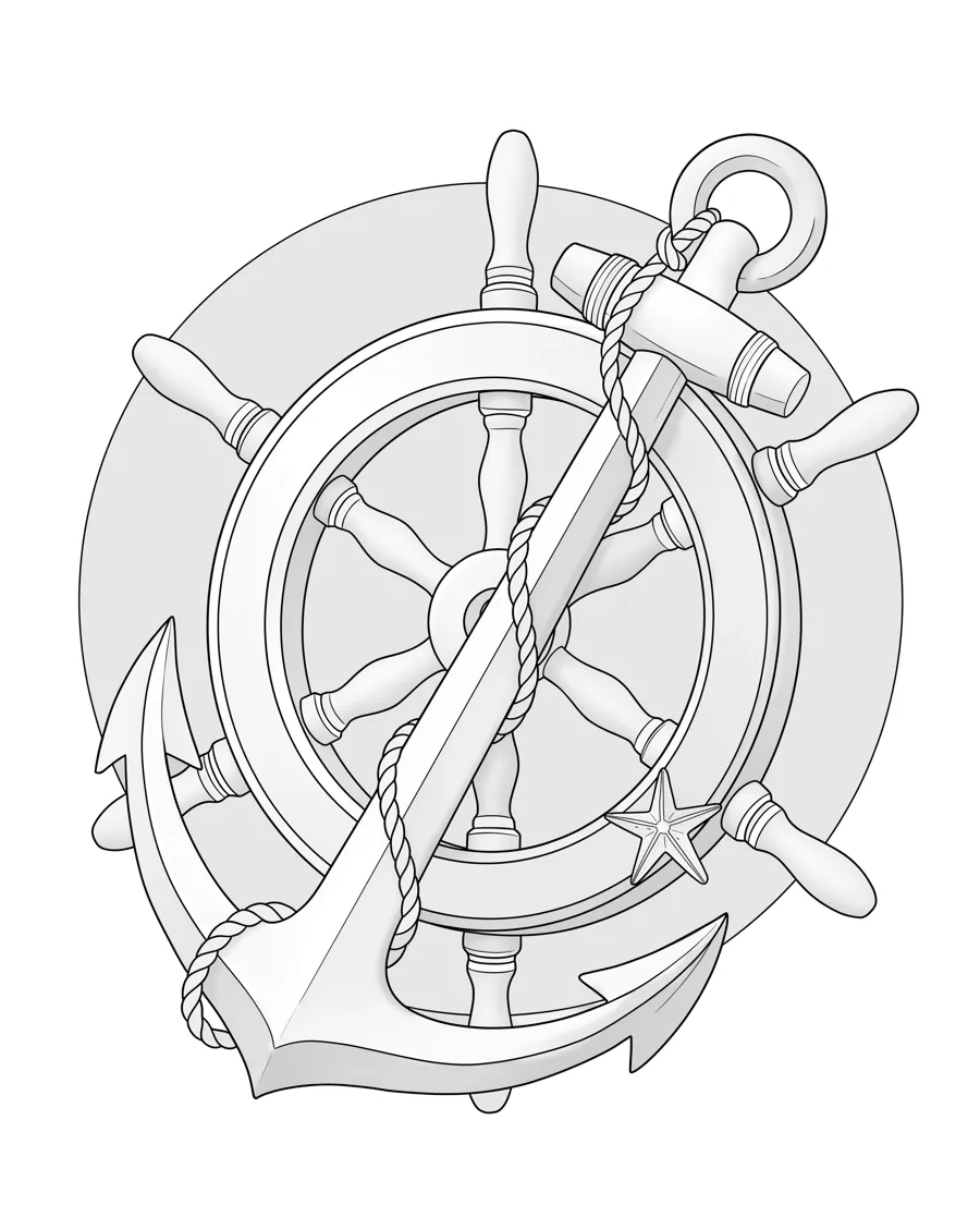 Ship's wheel and anchor as printed in the book: a line drawing with a light gray shading guide