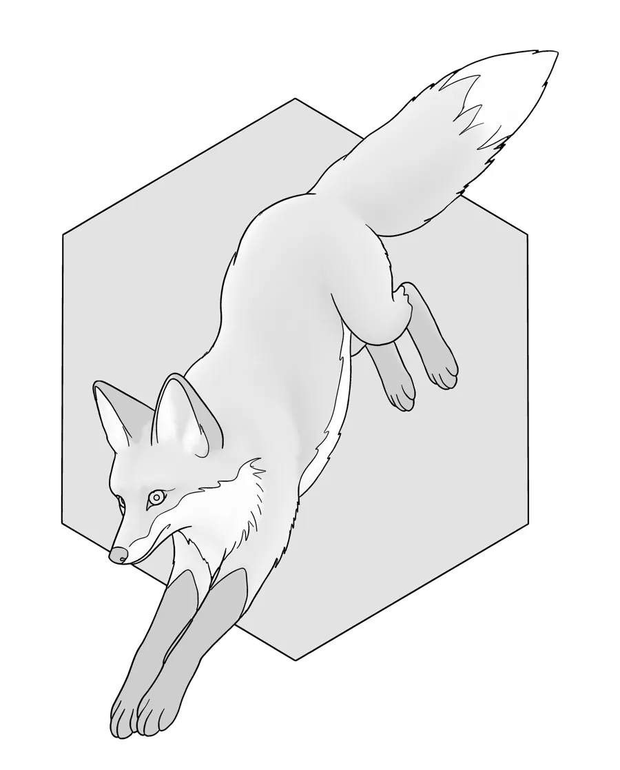 Red fox as printed in the book: a line drawing with a light gray shading guide