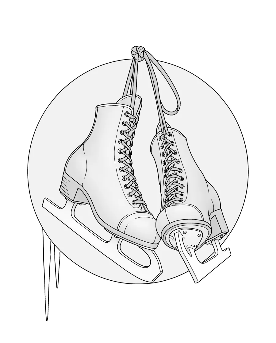 Antique ice skates as printed in the book: a line drawing with a light gray shading guide