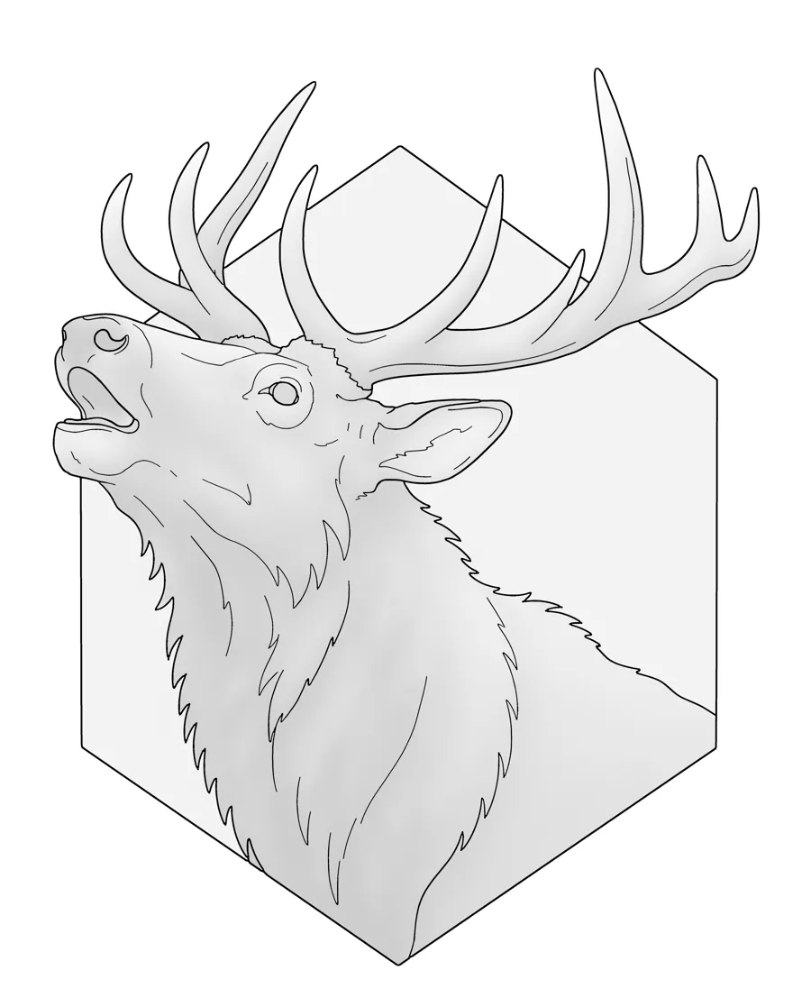 Elk as printed in the book: a line drawing with a light gray shading guide