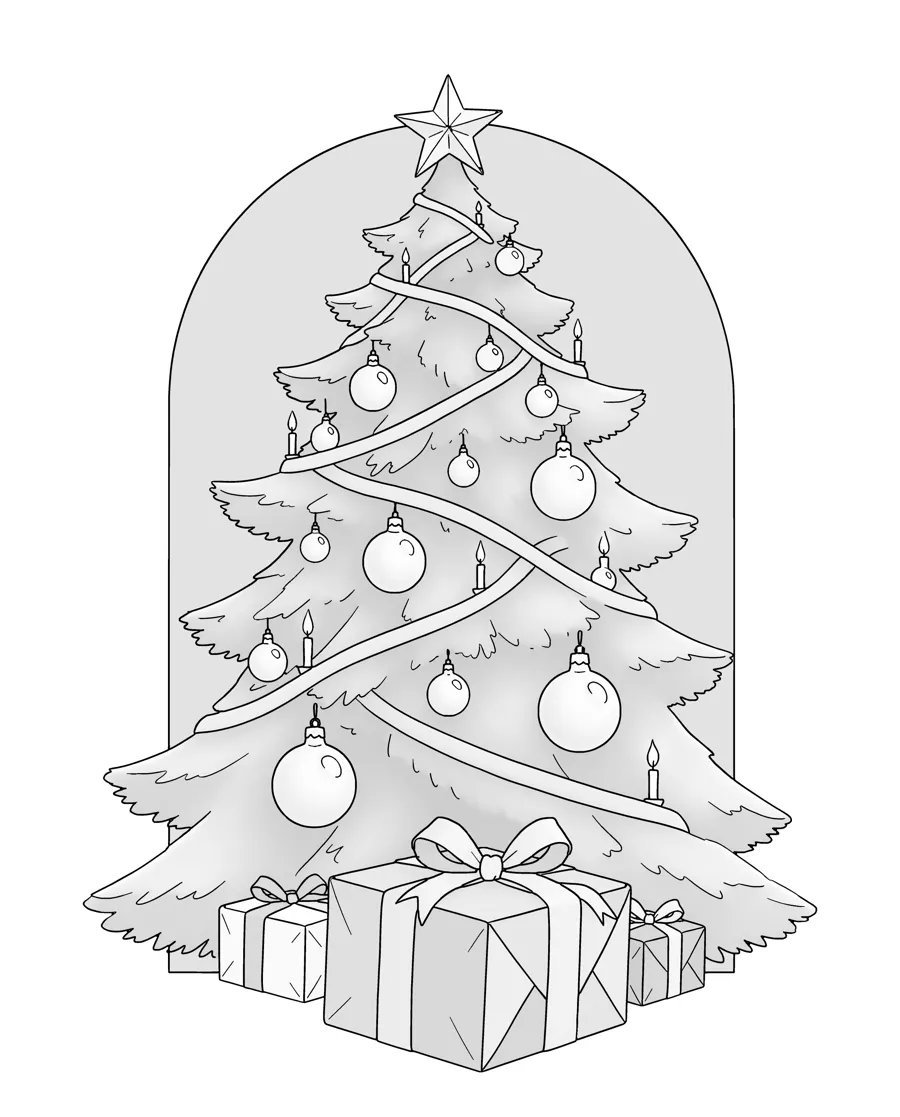Christmas tree as printed in the book: a line drawing with a light gray shading guide