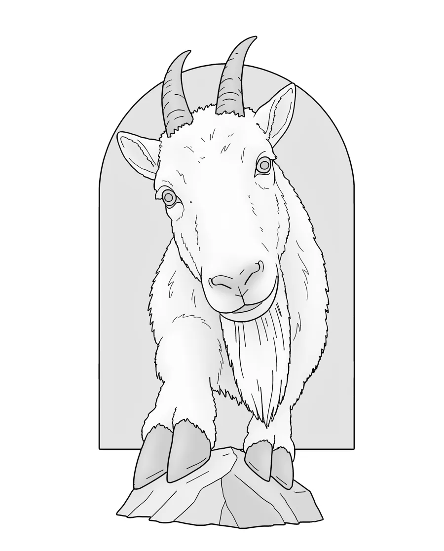 Mountain goat as printed in the book: a line drawing with a light gray shading guide