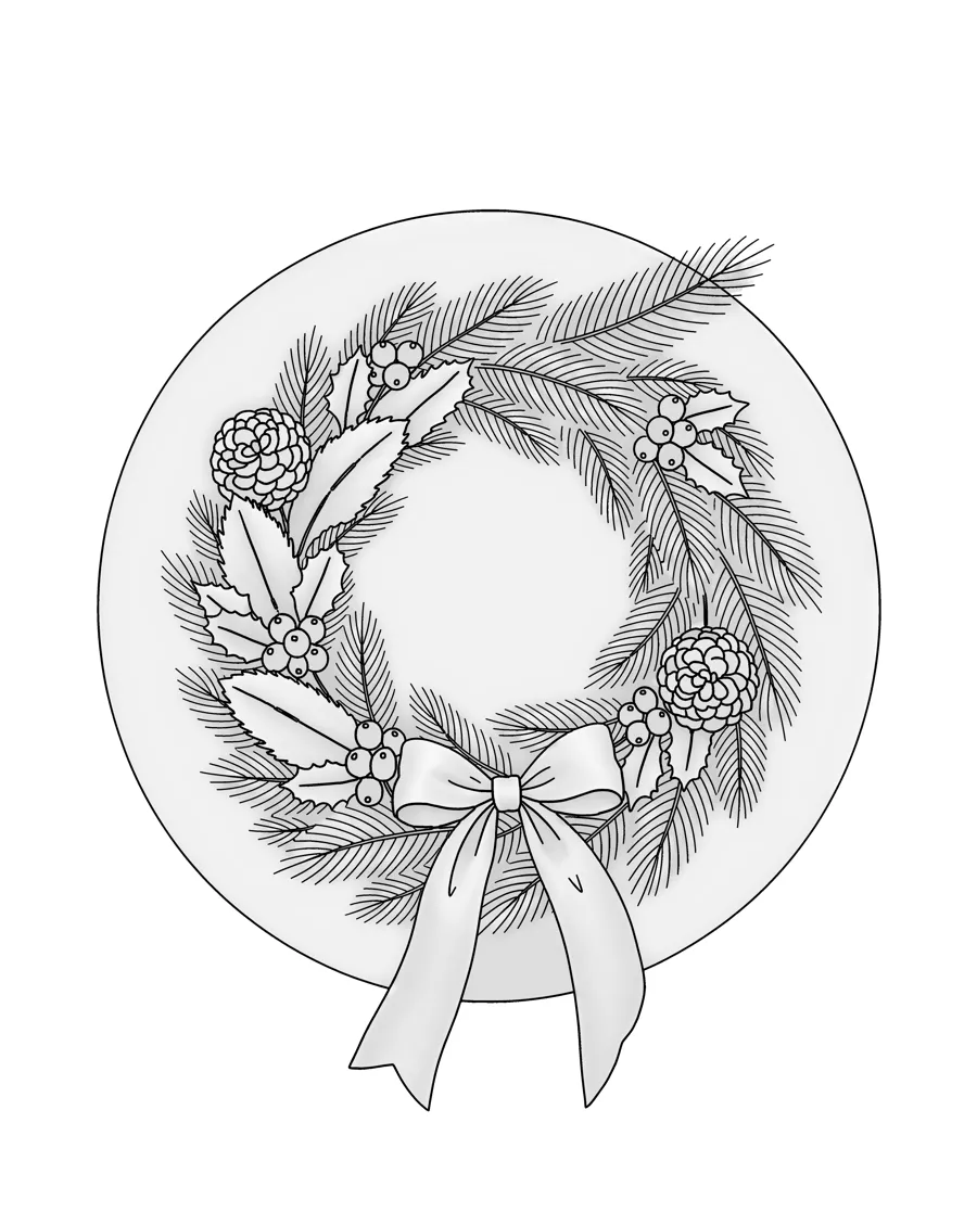 Evergreen wreath as printed in the book: a line drawing with a light gray shading guide