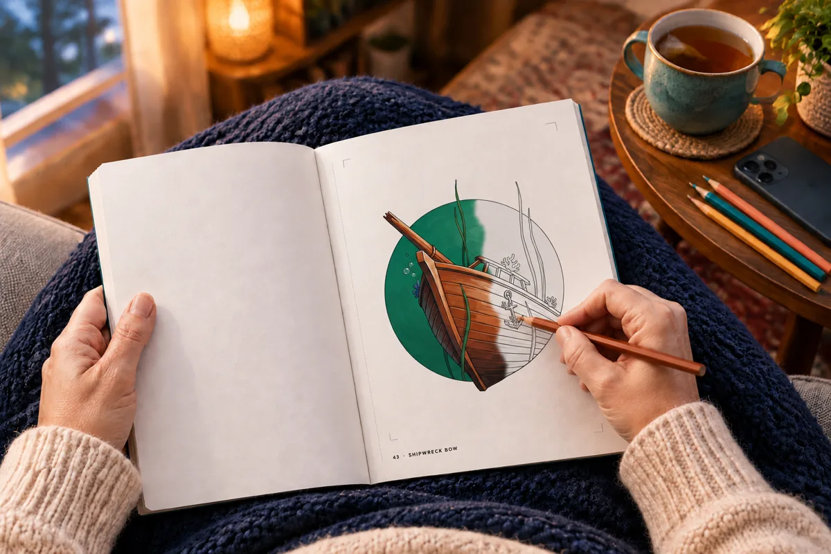 Coloring the Quiet Ocean shipwreck bow on a lap in the evening, half colored in brown and green, with tea and a phone turned face down