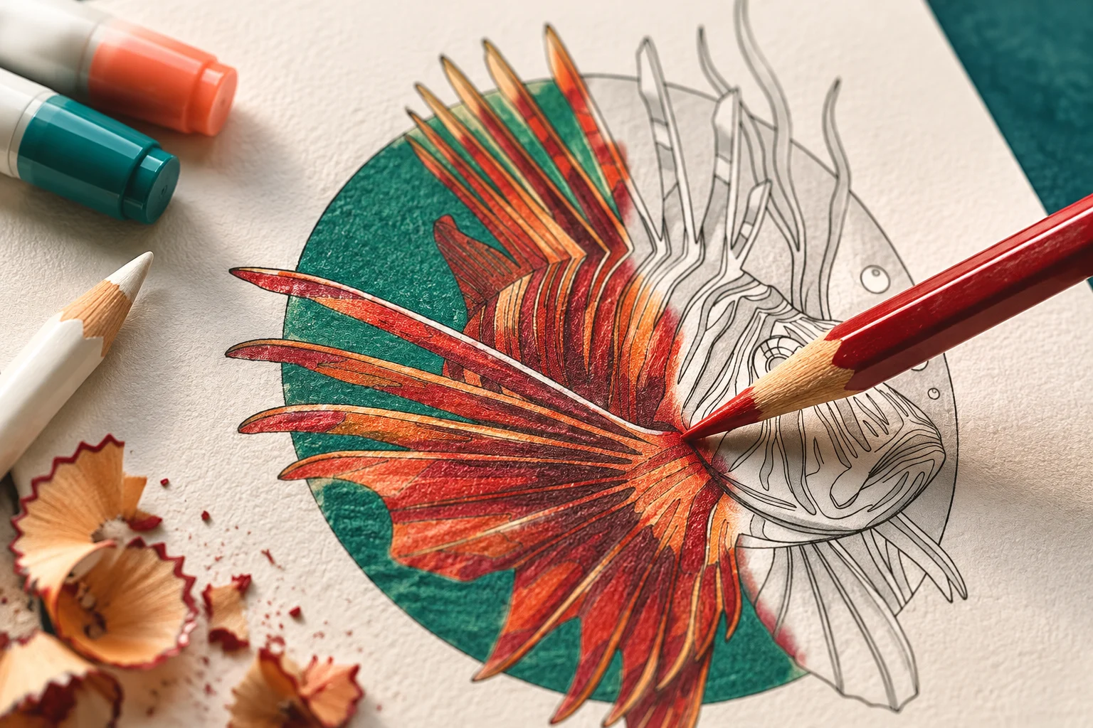 Close-up of a red colored pencil blending the lionfish's fin rays, with markers, a white blender pencil and pencil shavings