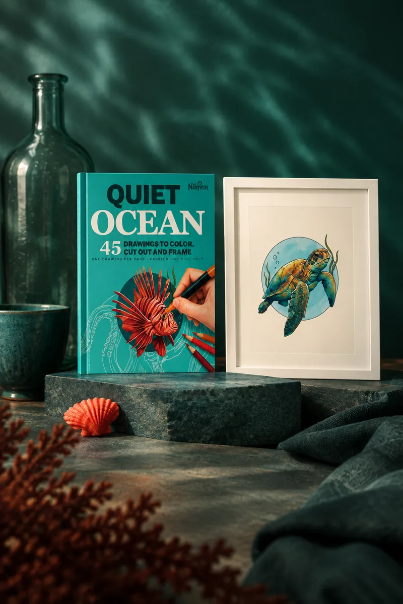 A framed sea turtle page beside Quiet Ocean on a dark stone plinth