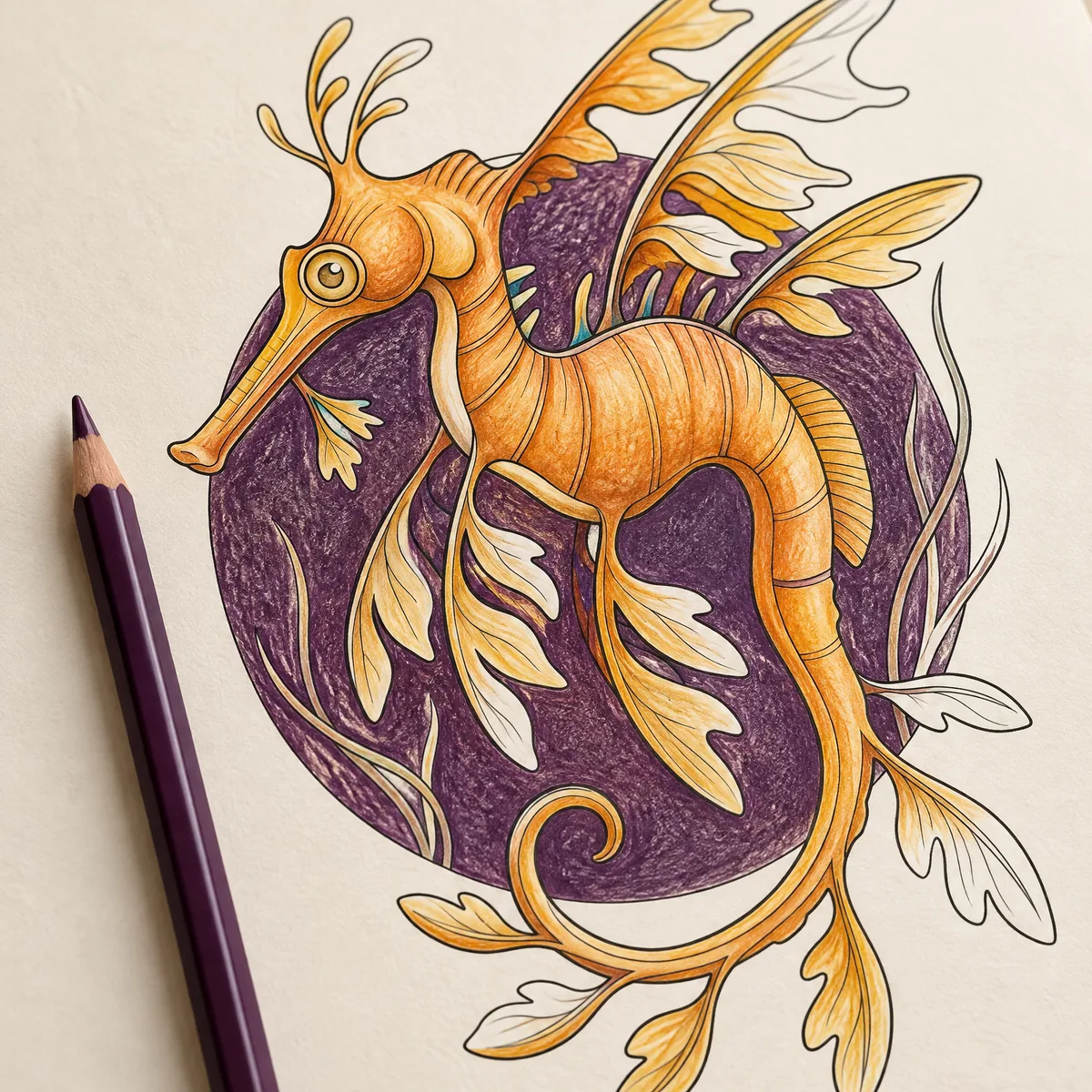 A colored golden leafy sea dragon on a plum circle